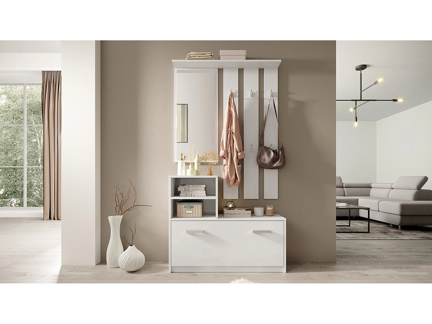 Set Arredo Ingresso / Mobile Ingresso Minimalista / Scarpiera e Appendiabiti per Corridoio / Bianco - Yesfir