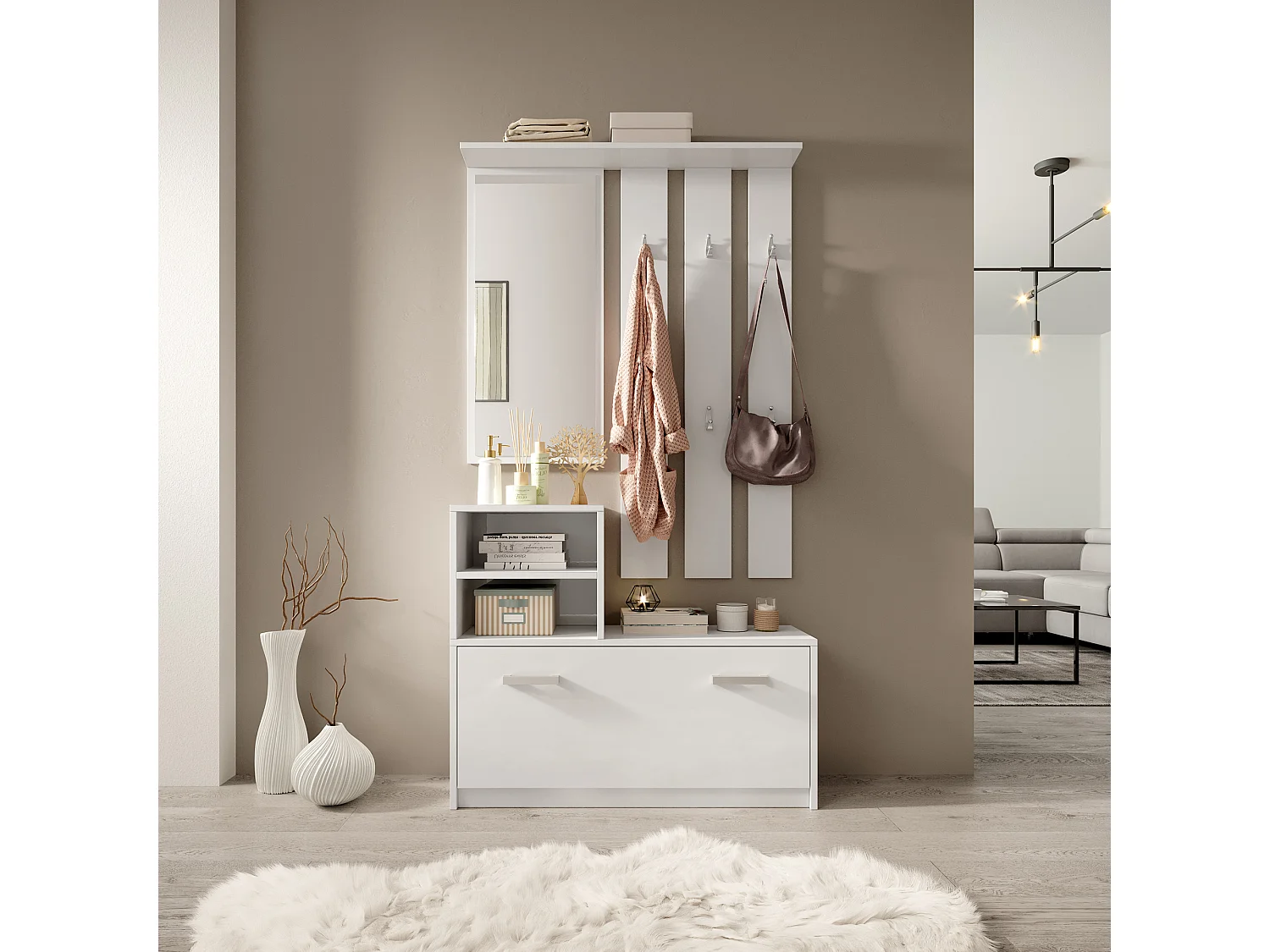 Set Arredo Ingresso / Mobile Ingresso Minimalista / Scarpiera e Appendiabiti per Corridoio / Bianco - Yesfir