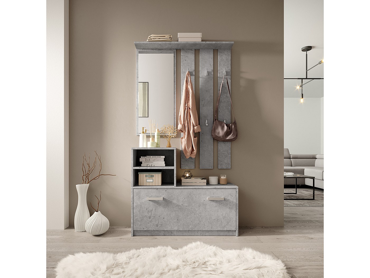 Oslghy Garderobenset 120cm - Mit Schuhbank, Spiegel & Aufbewahrung