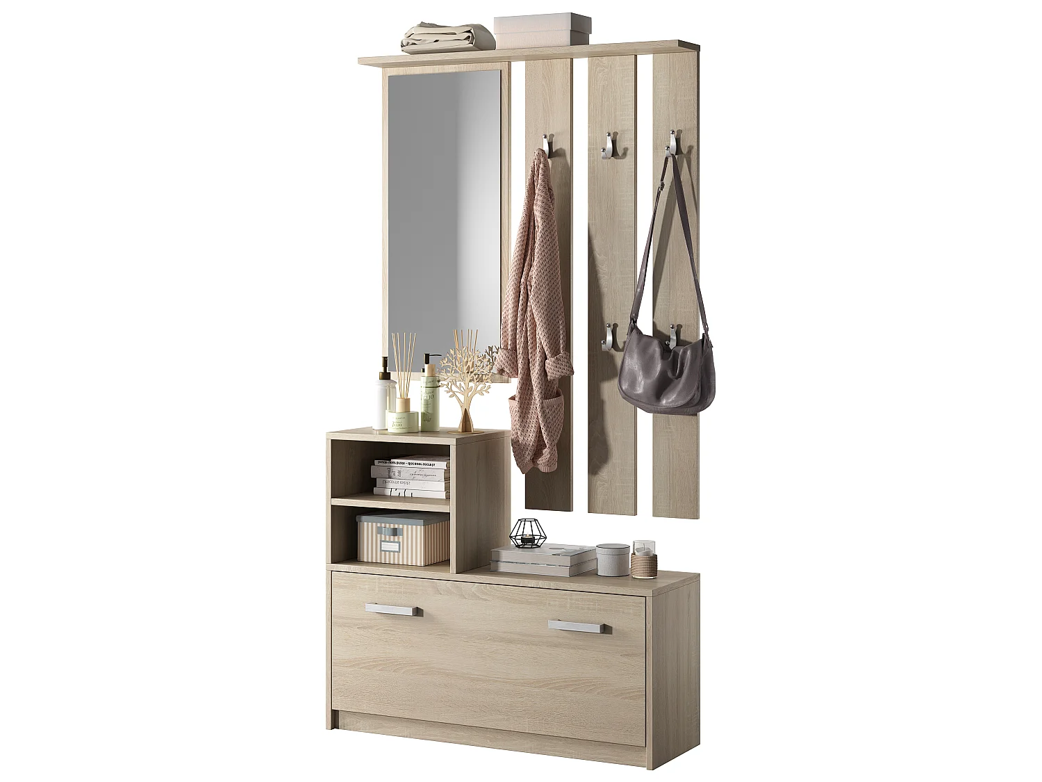 Set Arredo Ingresso / Mobile Ingresso Minimalista / Scarpiera e Appendiabiti per Corridoio / Quercia Chiara - Yesfir