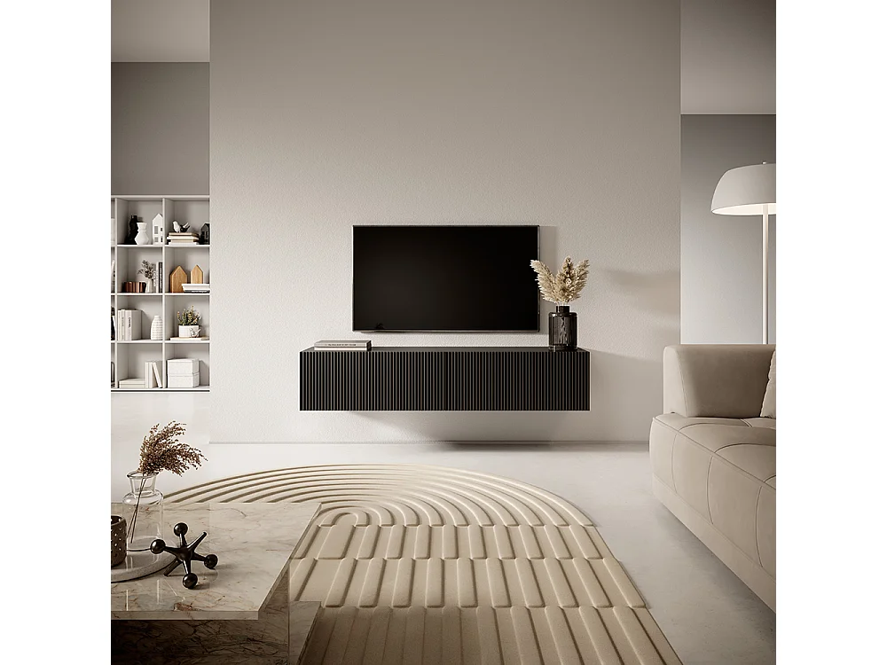 TV-Lowboard stehend Schwarz, mit gefräster Front, 140 cm breit - Veldio