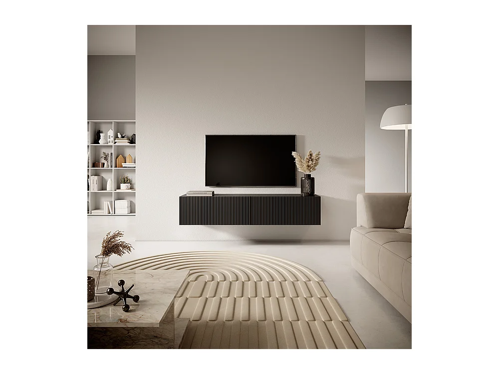 Meuble TV suspendu - 140 cm - noir avec façade fraisée - VELDIO