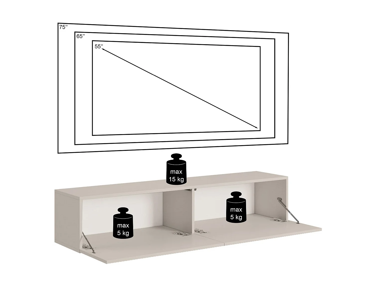 Meuble TV suspendu - 140 cm - noir avec façade fraisée - VELDIO