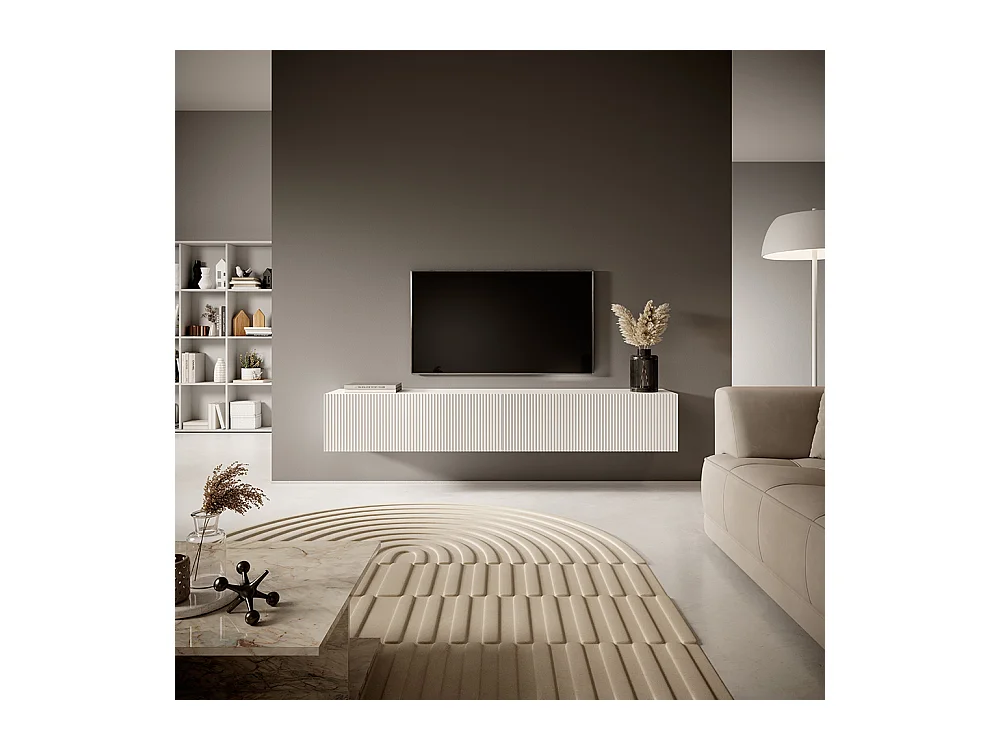 Meuble TV suspendu - 175 cm - blanc avec façade fraisée - VELDIO