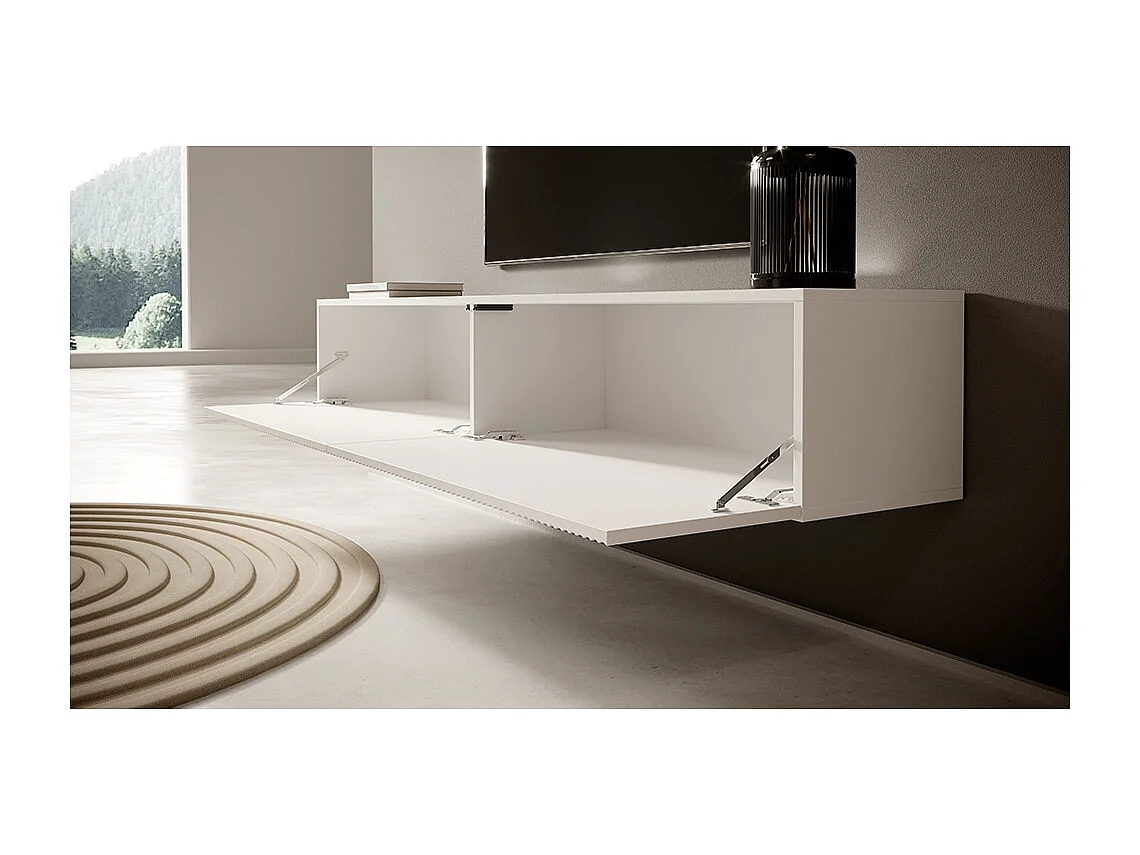 Meuble TV suspendu - 175 cm - blanc avec façade fraisée - VELDIO