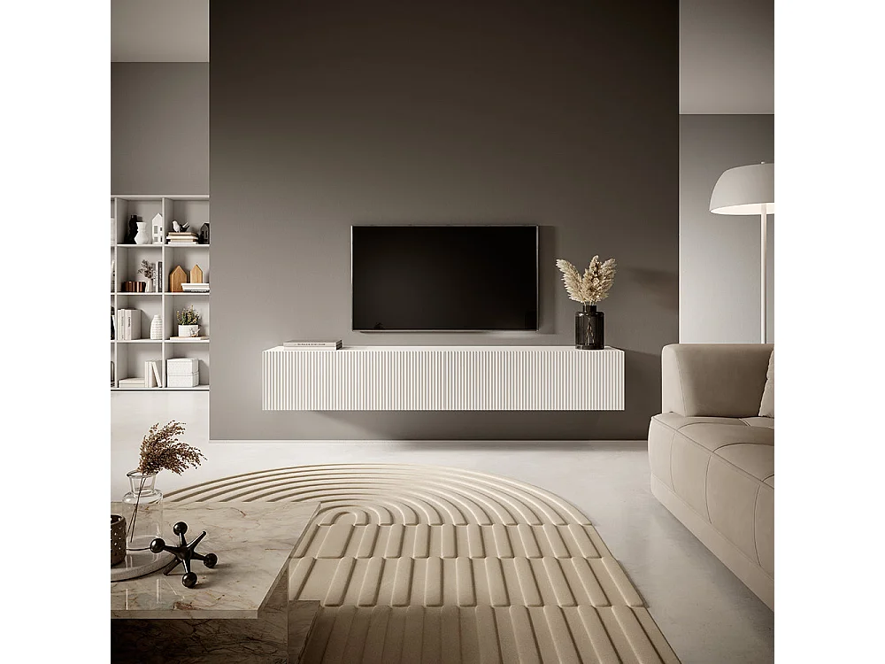 Meuble TV suspendu - 175 cm - blanc avec façade fraisée - VELDIO