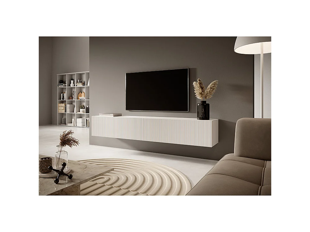 Meuble TV suspendu - 175 cm - blanc avec façade fraisée - VELDIO