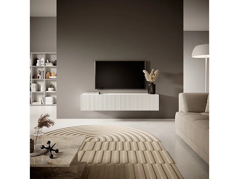 Meuble TV 140 cm blanc avec façade fraisée - VELDIO