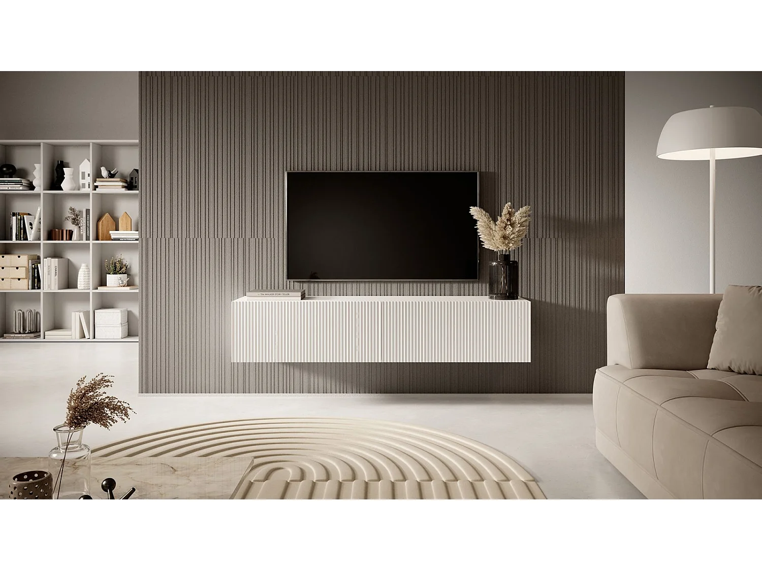 Meuble TV 140 cm blanc avec façade fraisée - VELDIO