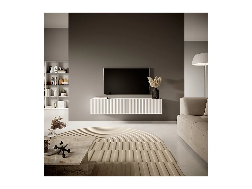 Meuble TV 140 cm blanc avec façade fraisée - VELDIO