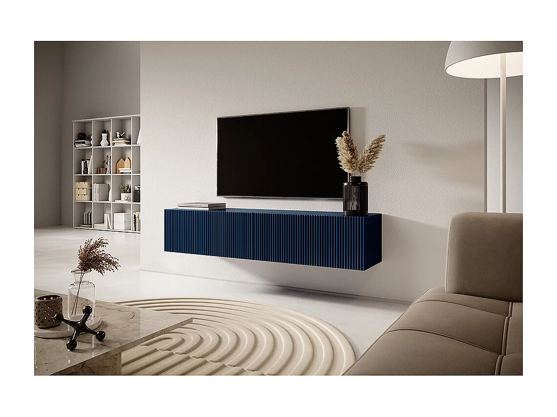 Mueble de TV colgante - azul oscuro con frentes de listones - 140 cm - Veldio
