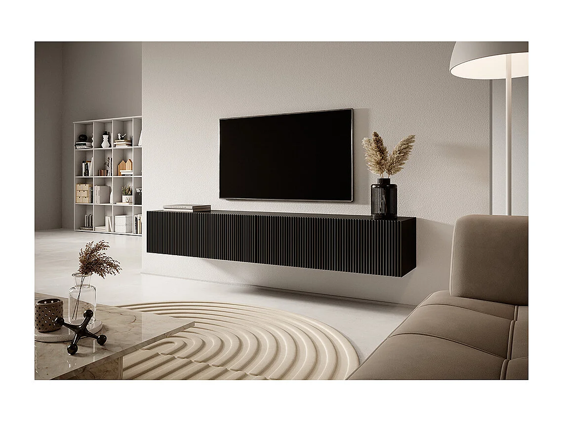 Meuble TV noir de 175 cm avec façade fraisée VELDIO