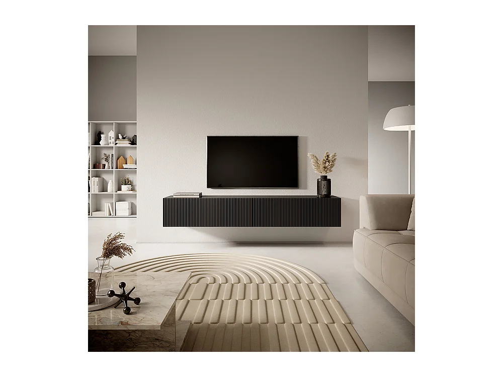 Meuble TV noir de 175 cm avec façade fraisée VELDIO