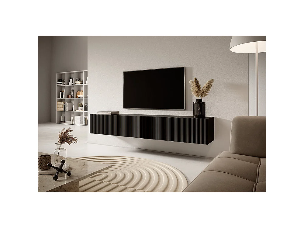Meuble TV noir de 175 cm avec façade fraisée VELDIO