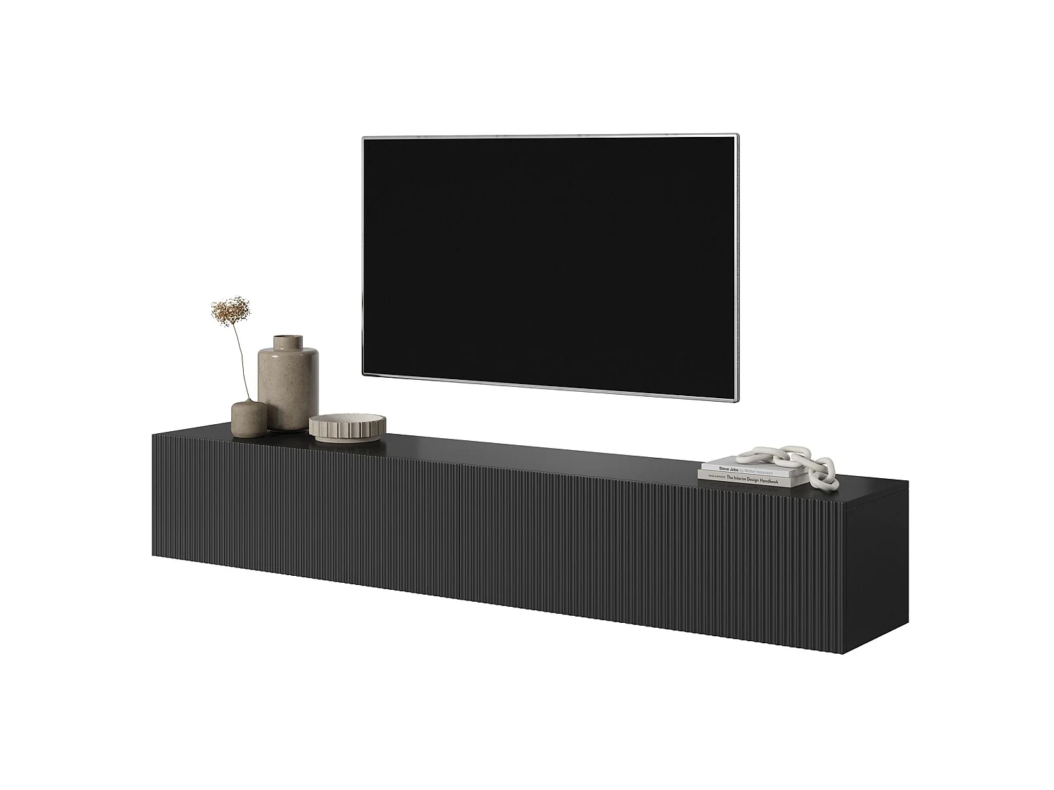 Meuble TV noir de 175 cm avec façade fraisée VELDIO