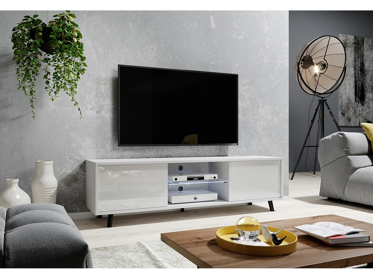 Fernsehschrank / modernes TV-Board mit Füßen und LED - 140 cm breit - Weiß Matt / Weiß Hochglanz - LEFYR