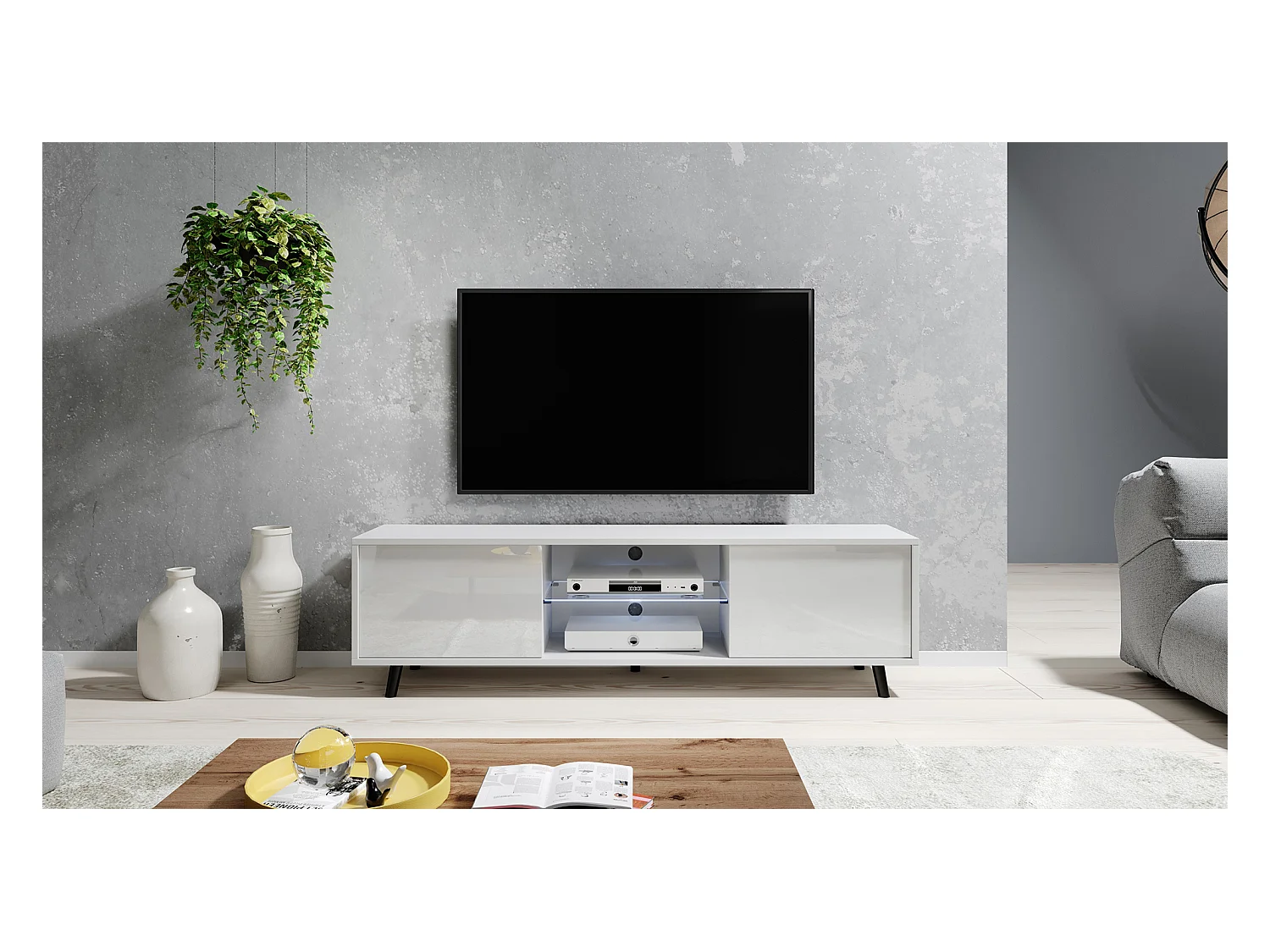 Meuble tv / Banc tv - 140 cm - blanc mat / blanc brillant, éclairage LED- LEFYR