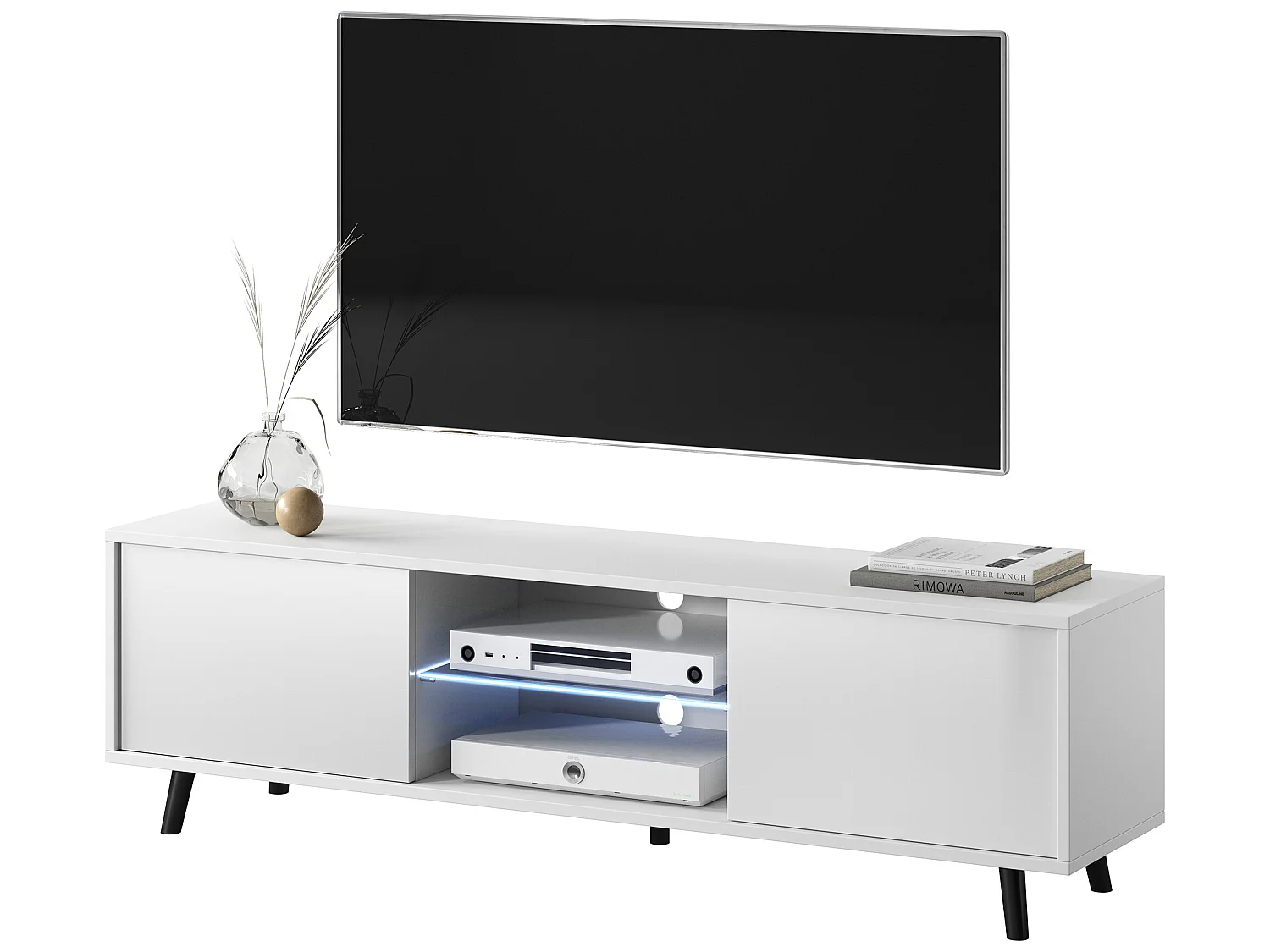 Meuble tv / Banc tv - 140 cm - blanc mat / blanc brillant, éclairage LED- LEFYR
