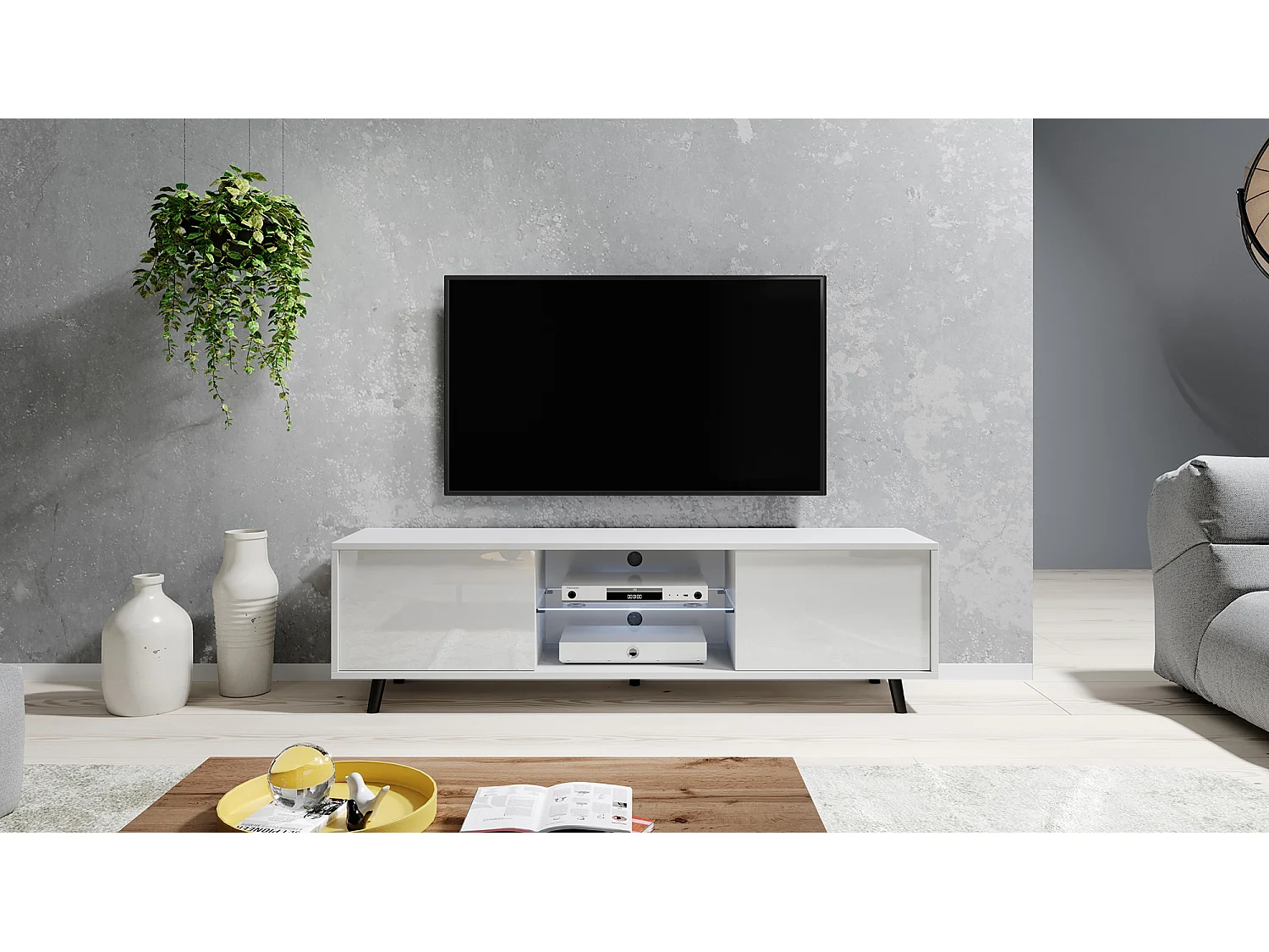 TV-meubel / TV-bank - 140 cm - mat wit / glanzend wit, LED-verlichting - LEFYR