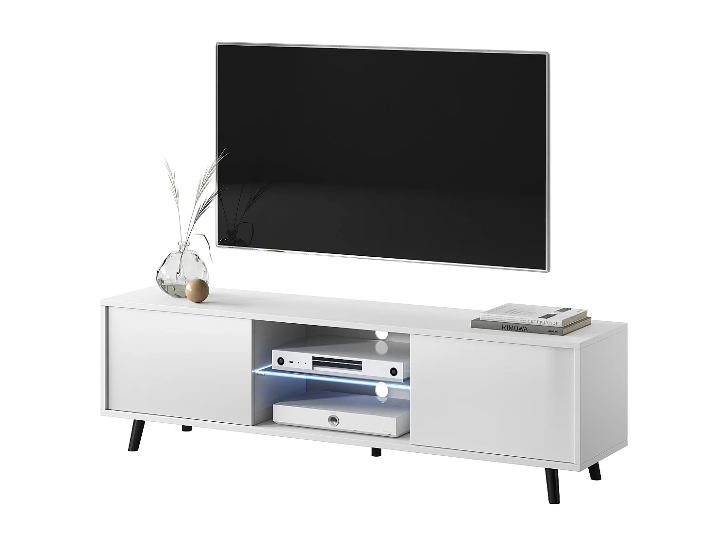TV-meubel / TV-bank - 140 cm - mat wit / glanzend wit, LED-verlichting - LEFYR