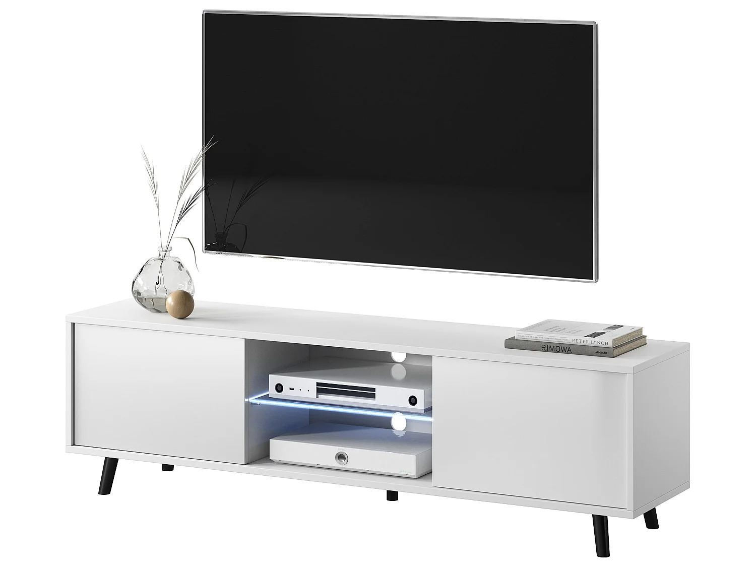 Meuble tv / Banc tv - 140 cm - blanc mat / blanc brillant, éclairage LED- LEFYR