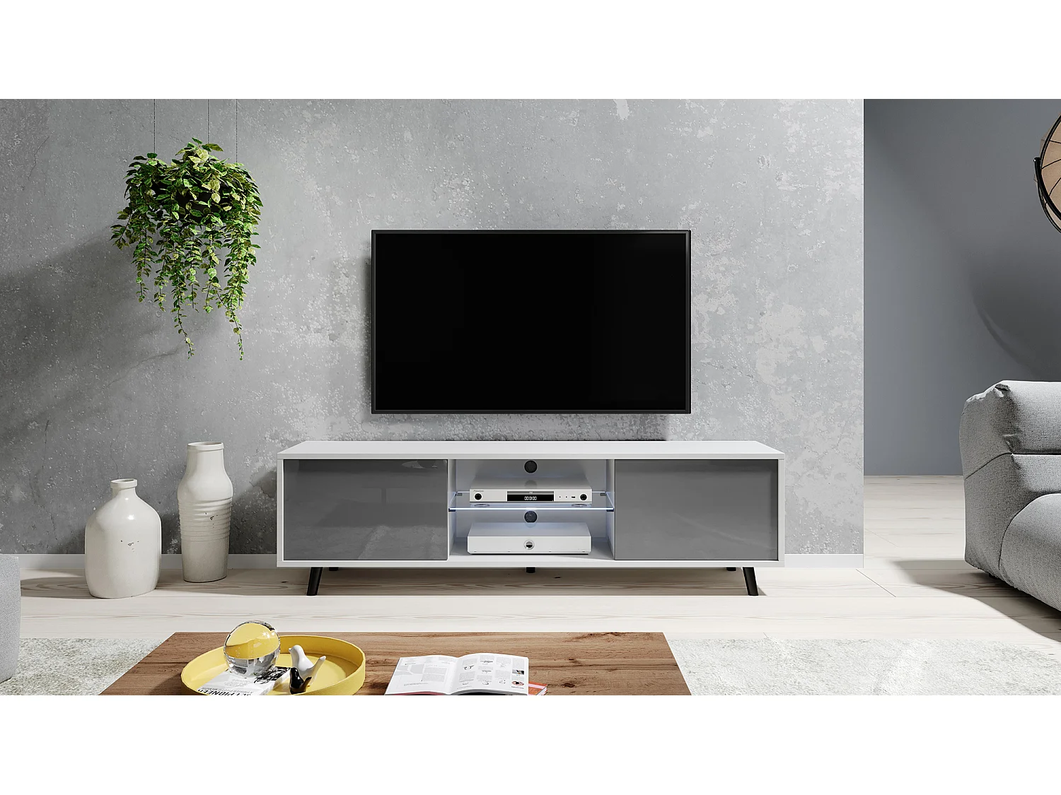 Fernsehschrank / modernes TV-Board mit Füßen und LED - 140 cm breit - Weiß Matt / Grau Hochglanz - LEFYR