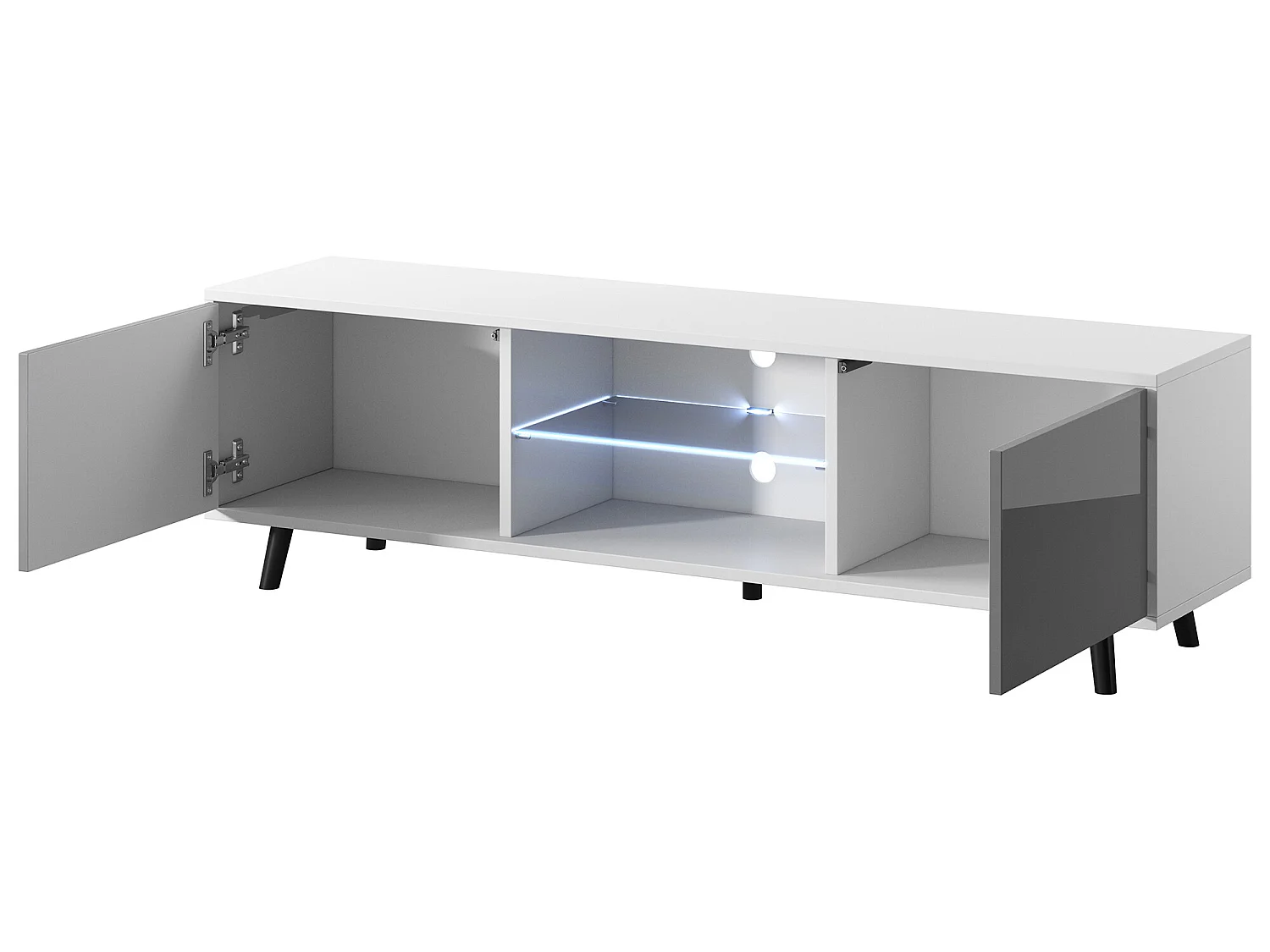 Fernsehschrank / modernes TV-Board mit Füßen und LED - 140 cm breit - Weiß Matt / Grau Hochglanz - LEFYR