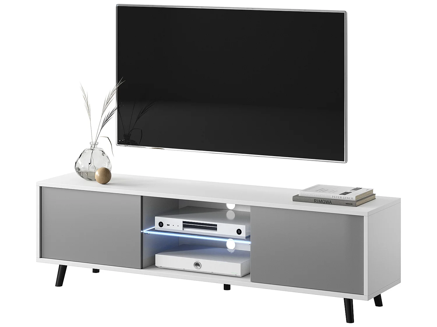 Fernsehschrank / modernes TV-Board mit Füßen und LED - 140 cm breit - Weiß Matt / Grau Hochglanz - LEFYR