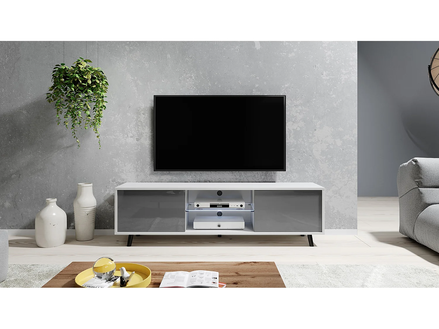 TV-meubel / TV-bank 140 cm - mat wit / glanzend grijs, LED-verlichting - LEFYR