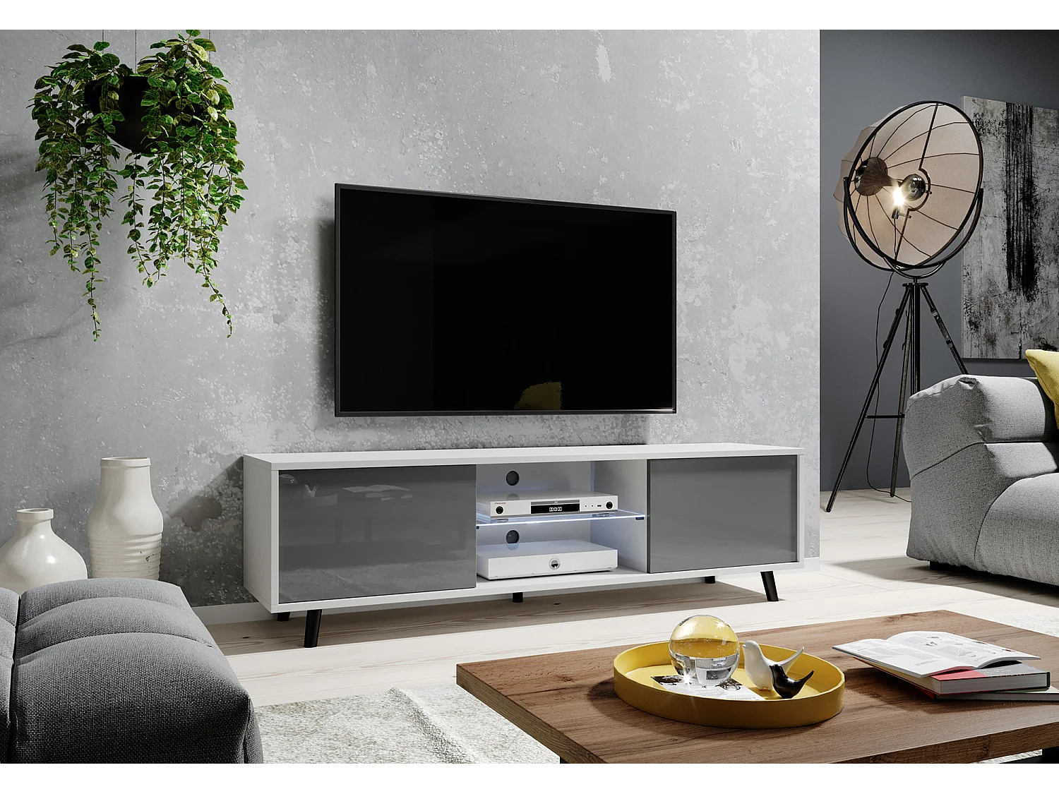 TV-meubel / TV-bank 140 cm - mat wit / glanzend grijs, LED-verlichting - LEFYR