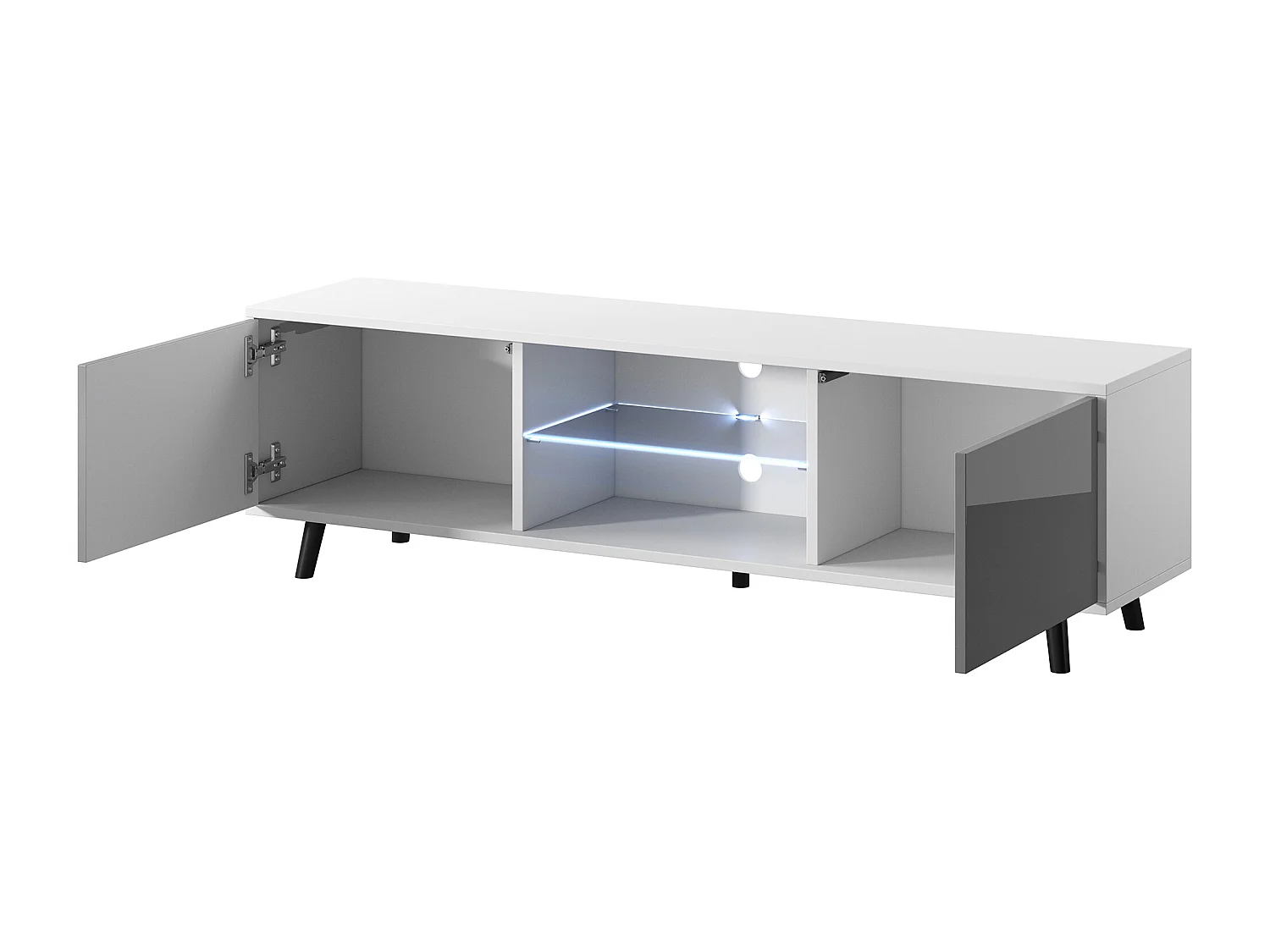 TV-meubel / TV-bank 140 cm - mat wit / glanzend grijs, LED-verlichting - LEFYR