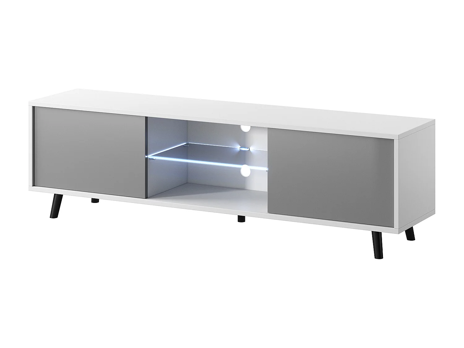 TV-meubel / TV-bank 140 cm - mat wit / glanzend grijs, LED-verlichting - LEFYR