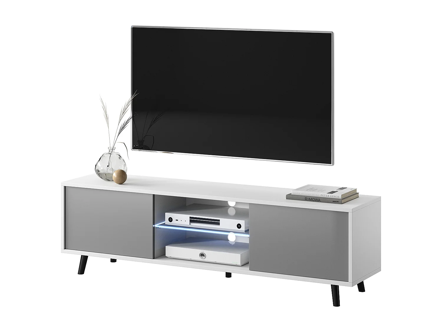 TV-meubel / TV-bank 140 cm - mat wit / glanzend grijs, LED-verlichting - LEFYR