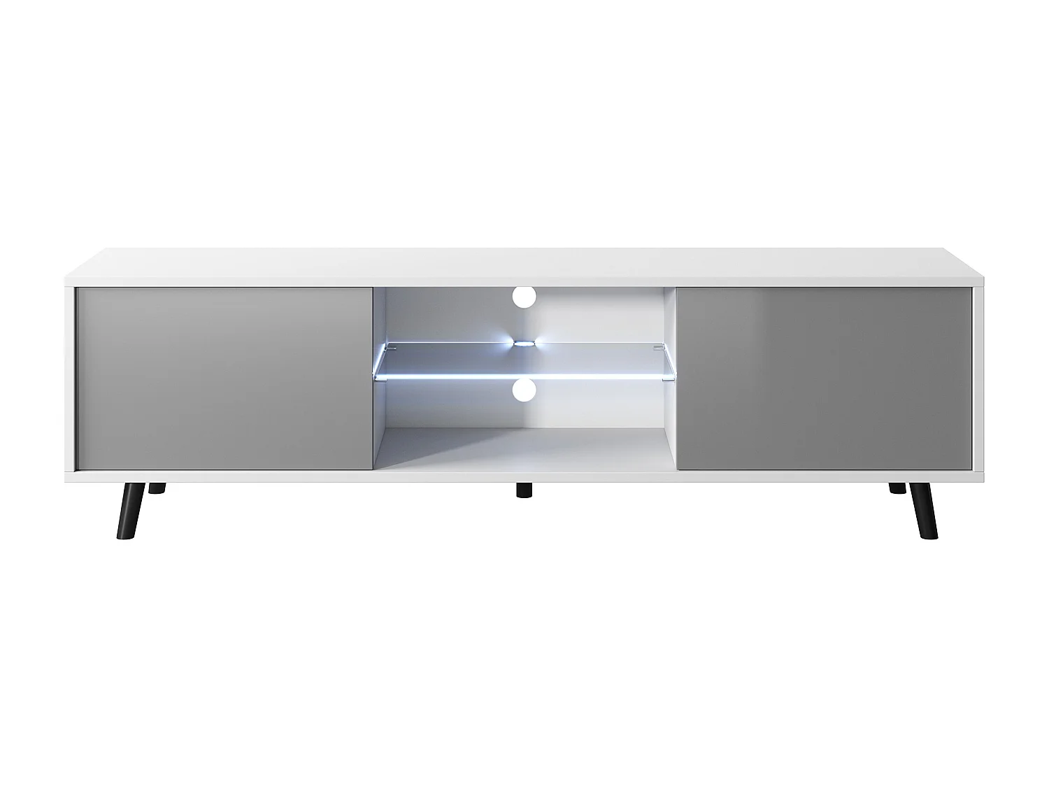 TV-meubel / TV-bank 140 cm - mat wit / glanzend grijs, LED-verlichting - LEFYR