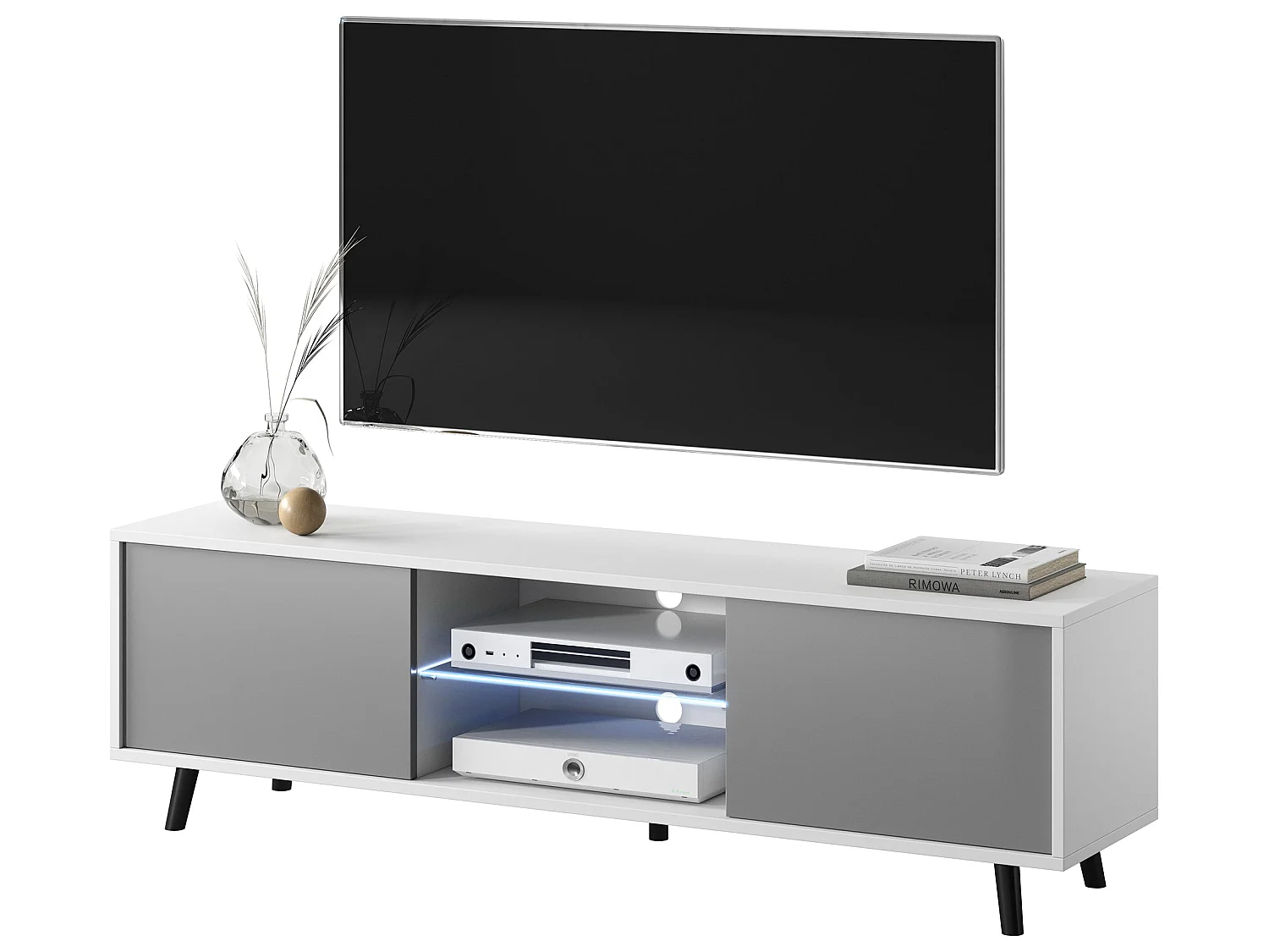 Meuble tv / Banc tv 140 cm - blanc mat / gris brillant, éclairage LED - LEFYR