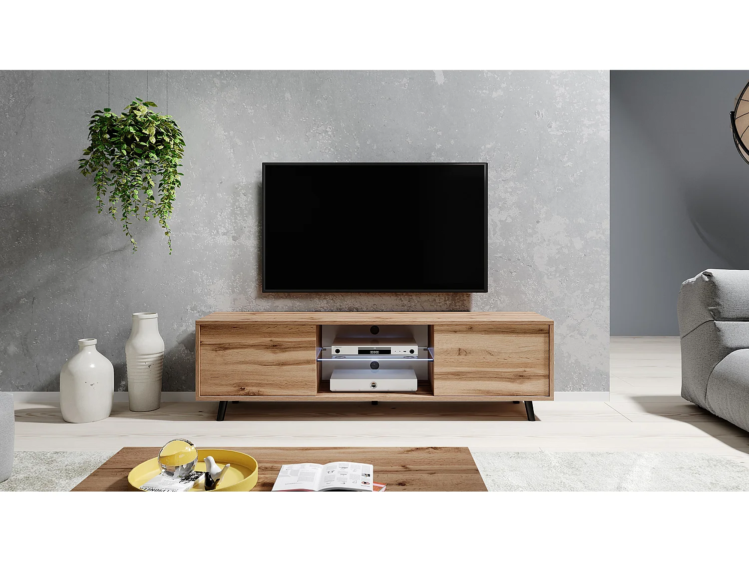 Fernsehschrank / modernes TV-Board mit Füßen und LED - 140 cm breit - Wotan Eiche - LEFYR