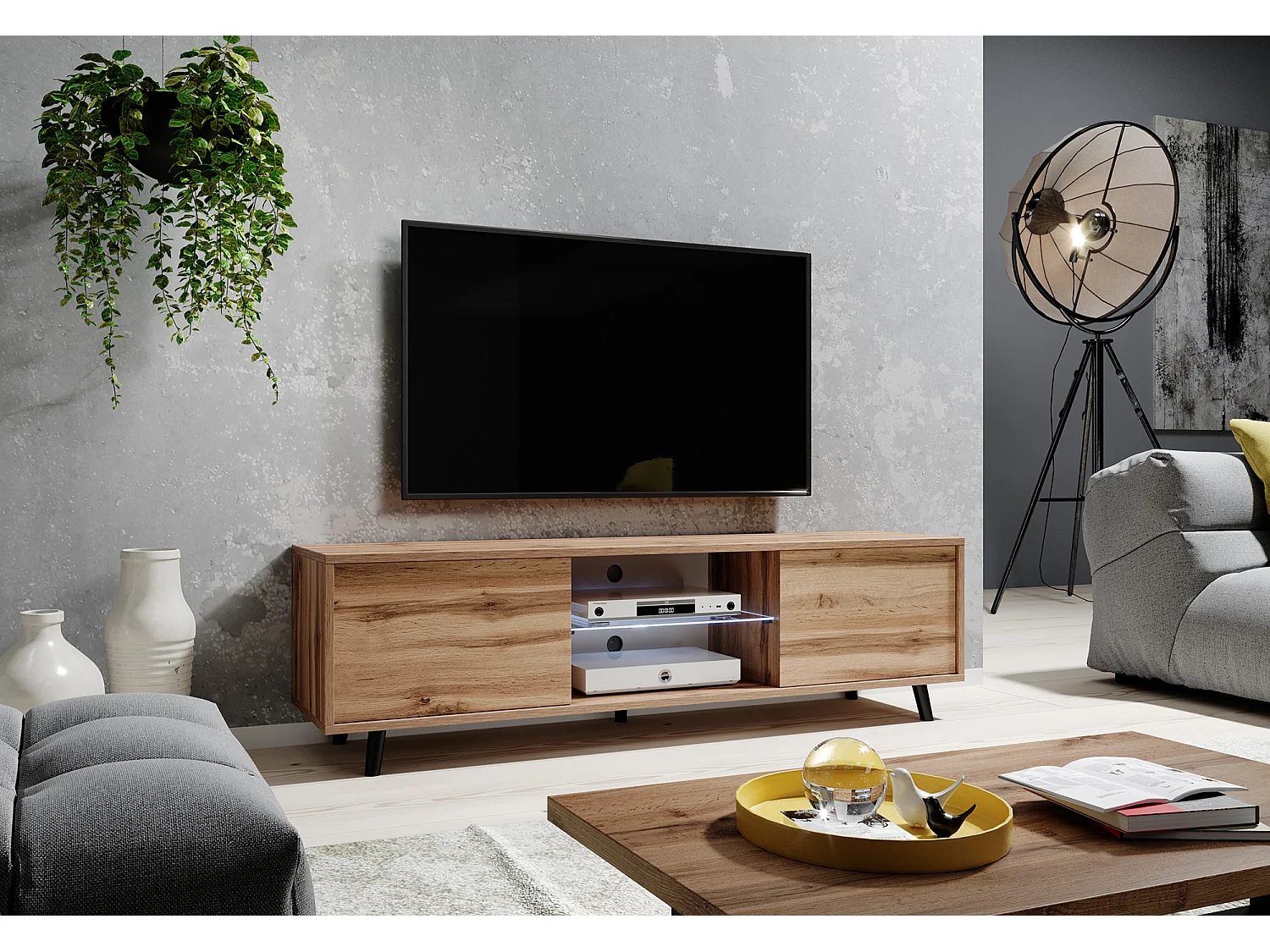Fernsehschrank / modernes TV-Board mit Füßen und LED - 140 cm breit - Wotan Eiche - LEFYR