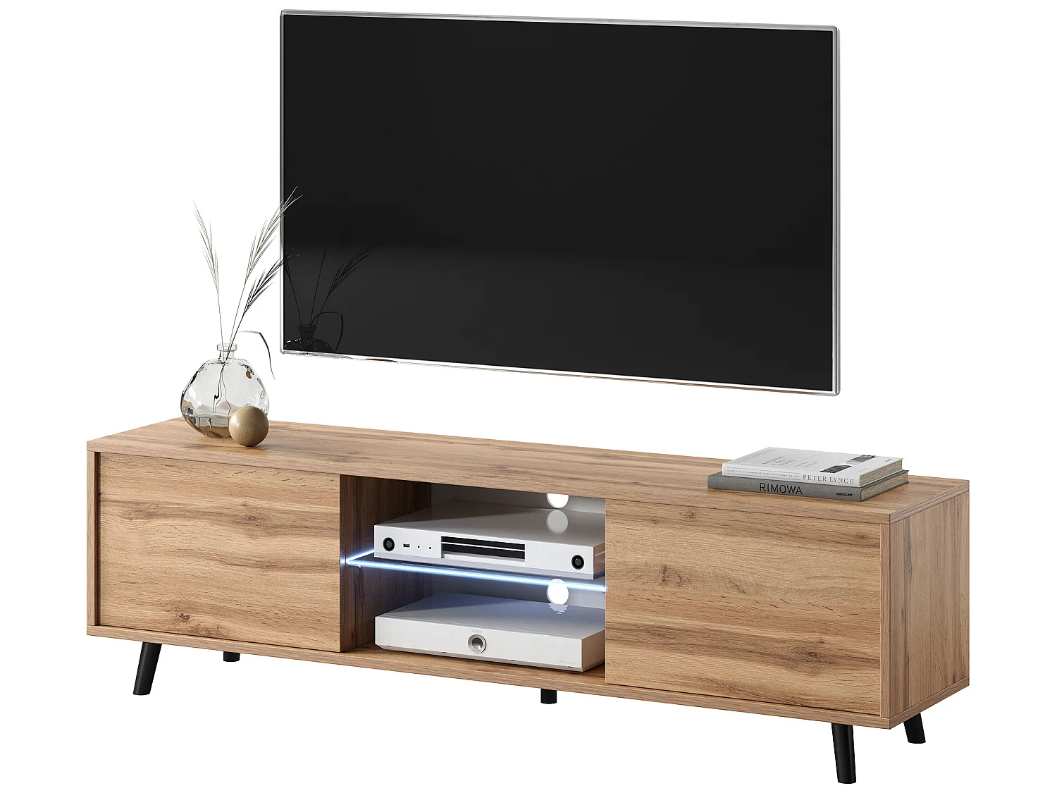 Fernsehschrank / modernes TV-Board mit Füßen und LED - 140 cm breit - Wotan Eiche - LEFYR