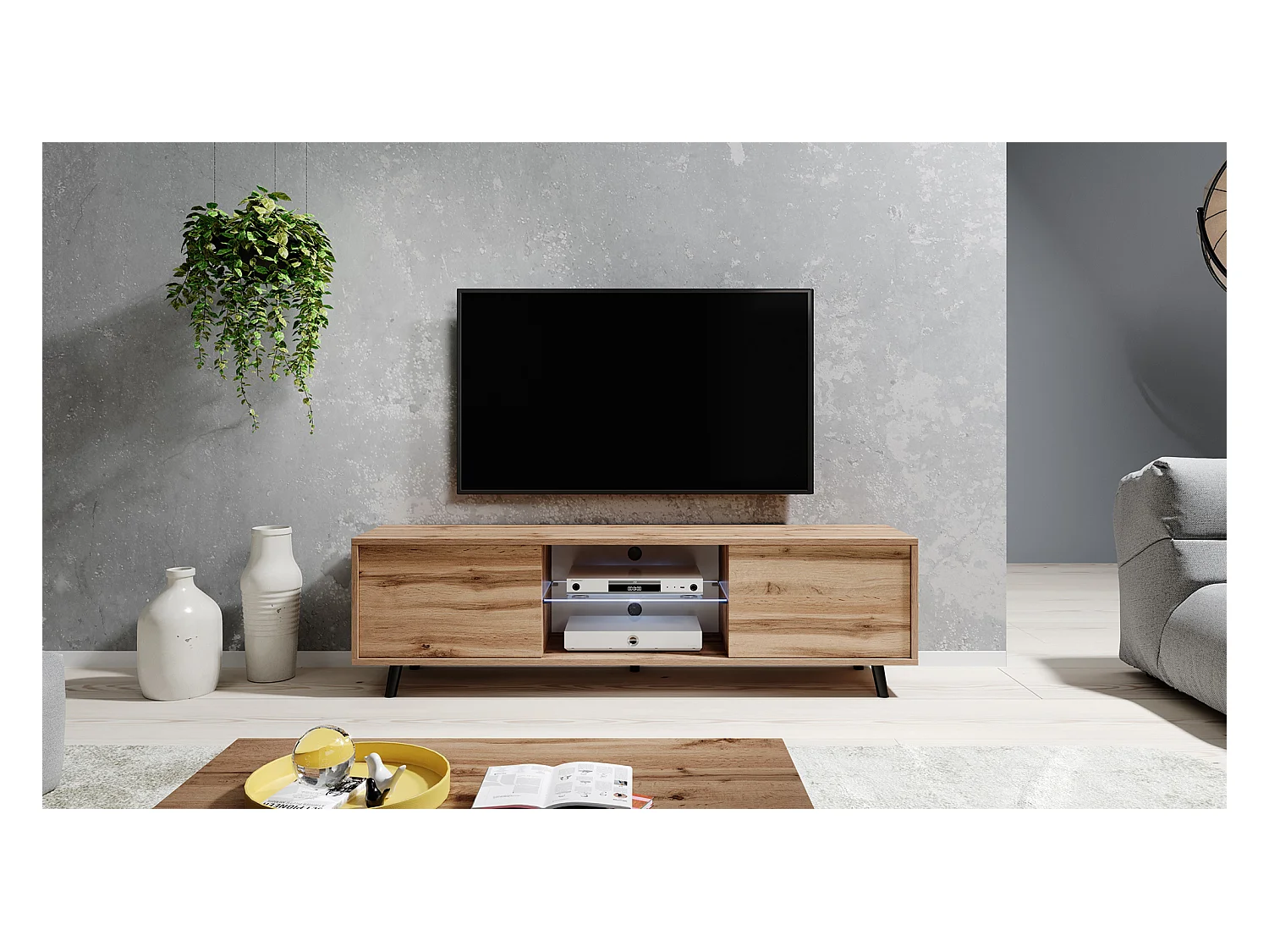 Meuble tv / Banc tv 140 cm - chêne wotan, éclairage LED - LEFYR