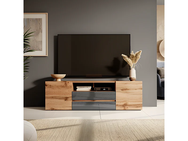 TV-Lowboard matte Holzoptik Wotan Eiche/Grau Hochglanz mit LED-Beleuchtung, stehend, modern, 137 cm - Bros