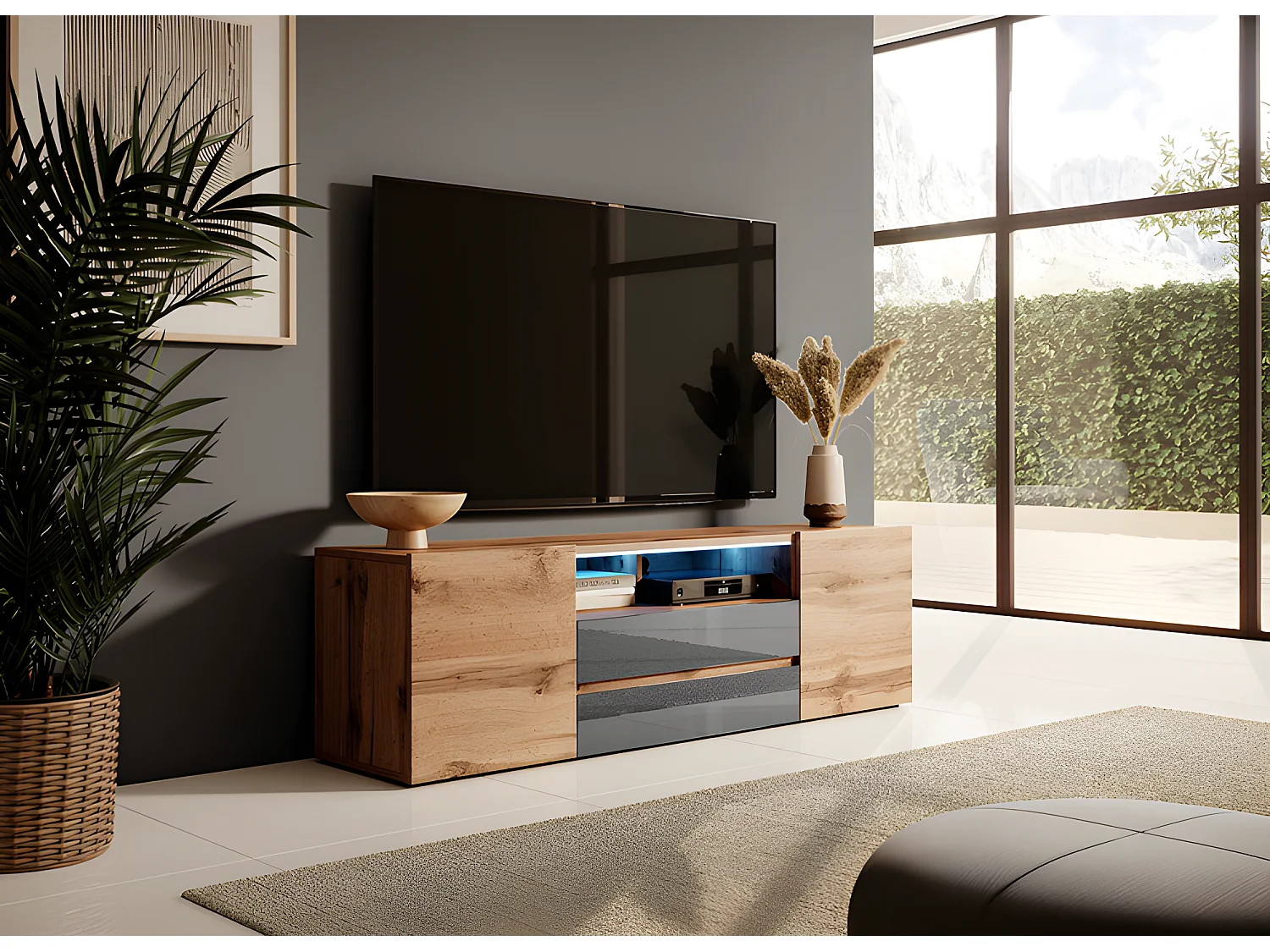 TV-Lowboard matte Holzoptik Wotan Eiche/Grau Hochglanz mit LED-Beleuchtung, stehend, modern, 137 cm - Bros