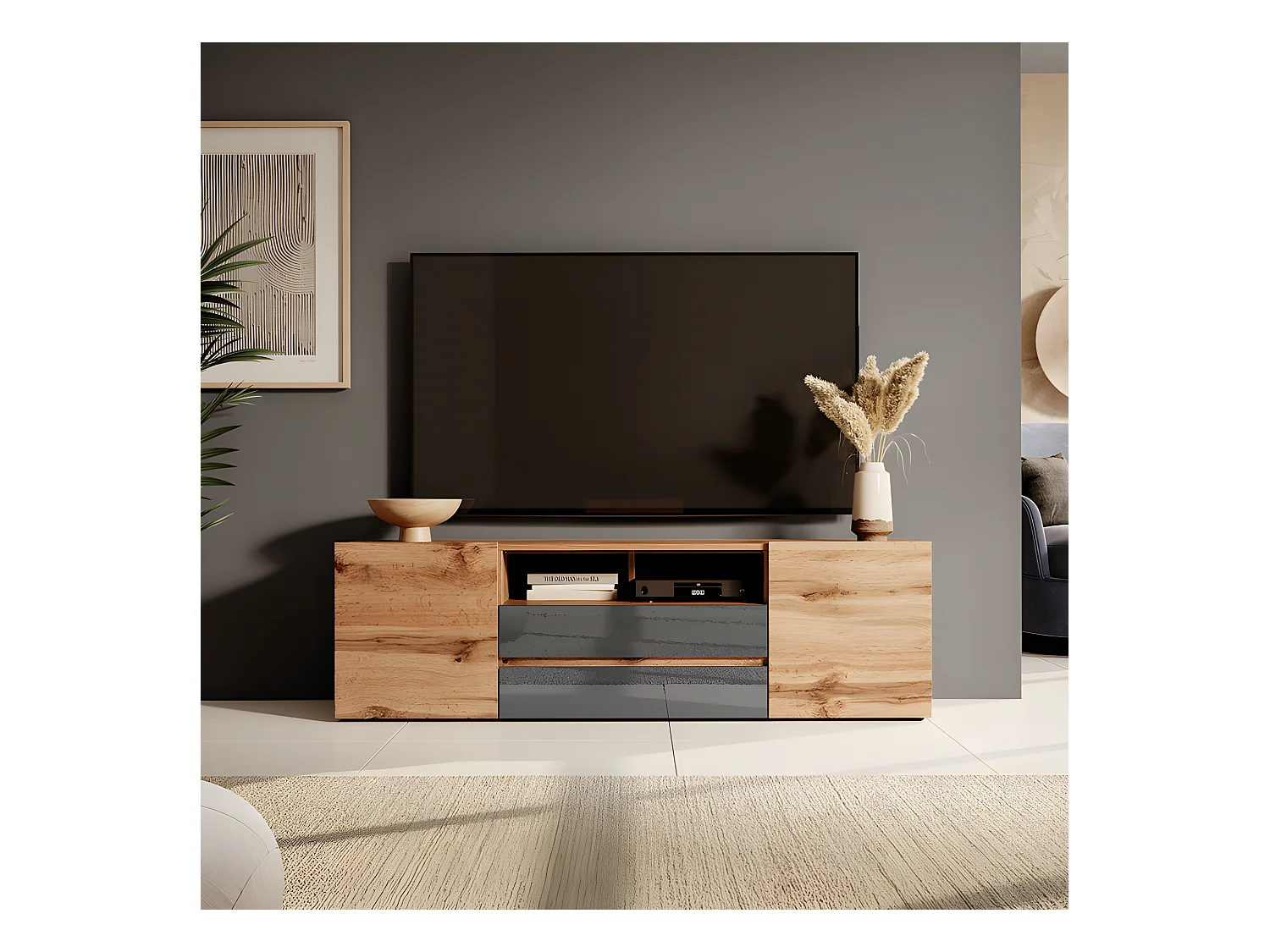 Meuble tv / Banc tv (chêne wotan / gris brillant, 137 cm, avec LED) - BROS