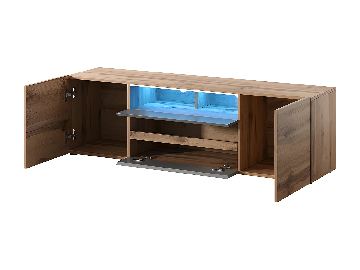 Meuble tv / Banc tv (chêne wotan / gris brillant, 137 cm, avec LED) - BROS