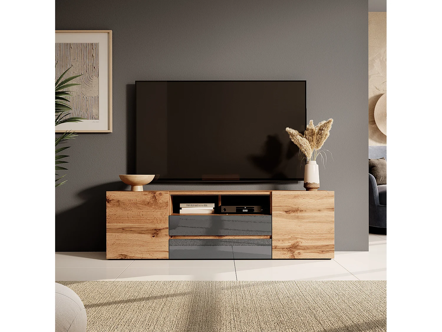 TV-Ständer / TV-Bank (Wotan-Eiche / Hochglanz-Grau, 137 cm, mit LED) - BROS