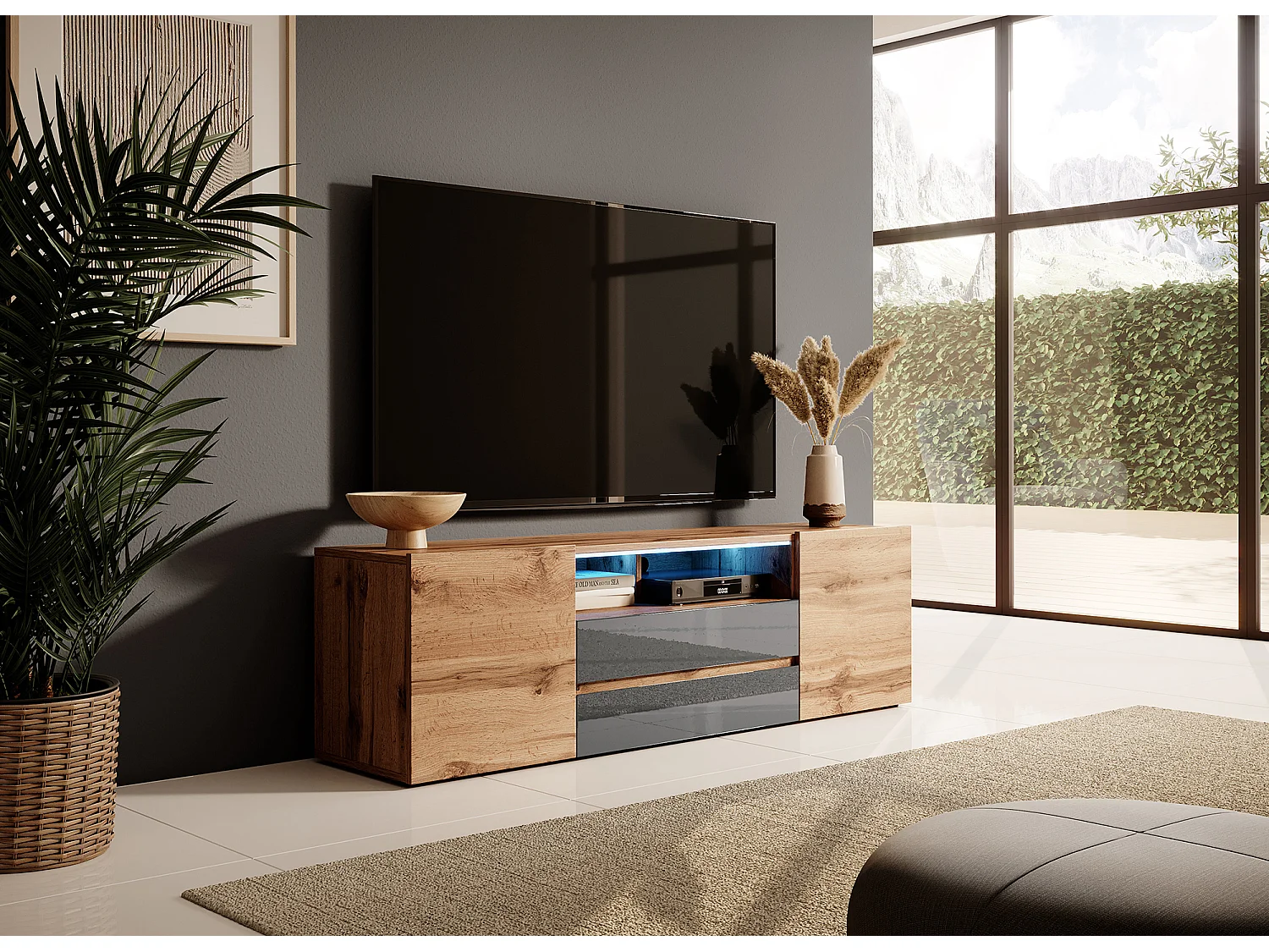 TV-Ständer / TV-Bank (Wotan-Eiche / Hochglanz-Grau, 137 cm, mit LED) - BROS