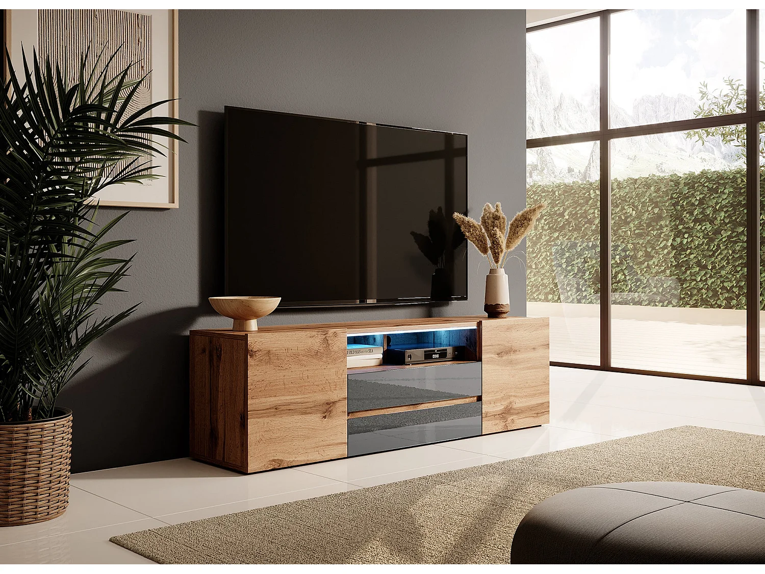 Mobile TV / Tavolino TV Per Salotto / Porta TV con Scomparti / Luci LED (Quercia Dorata / Grigio Lucido) - Bros