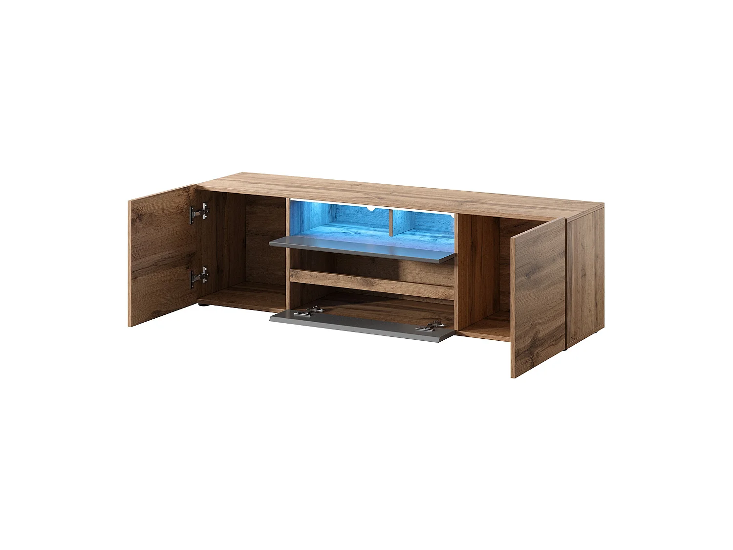 Mobile TV / Tavolino TV Per Salotto / Porta TV con Scomparti / Luci LED (Quercia Dorata / Grigio Lucido) - Bros