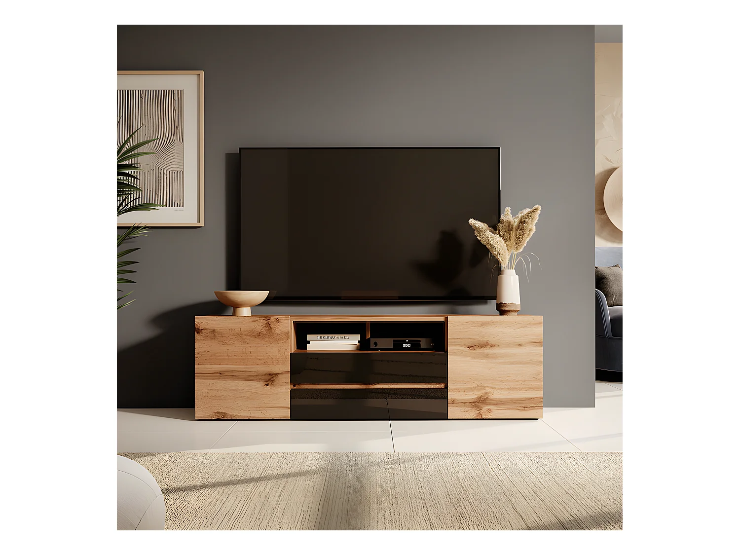 TV-Lowboard matte Holzoptik Wotan Eiche/Schwarz Hochglanz mit LED-Beleuchtung, stehend, modern, 137 cm - Bros
