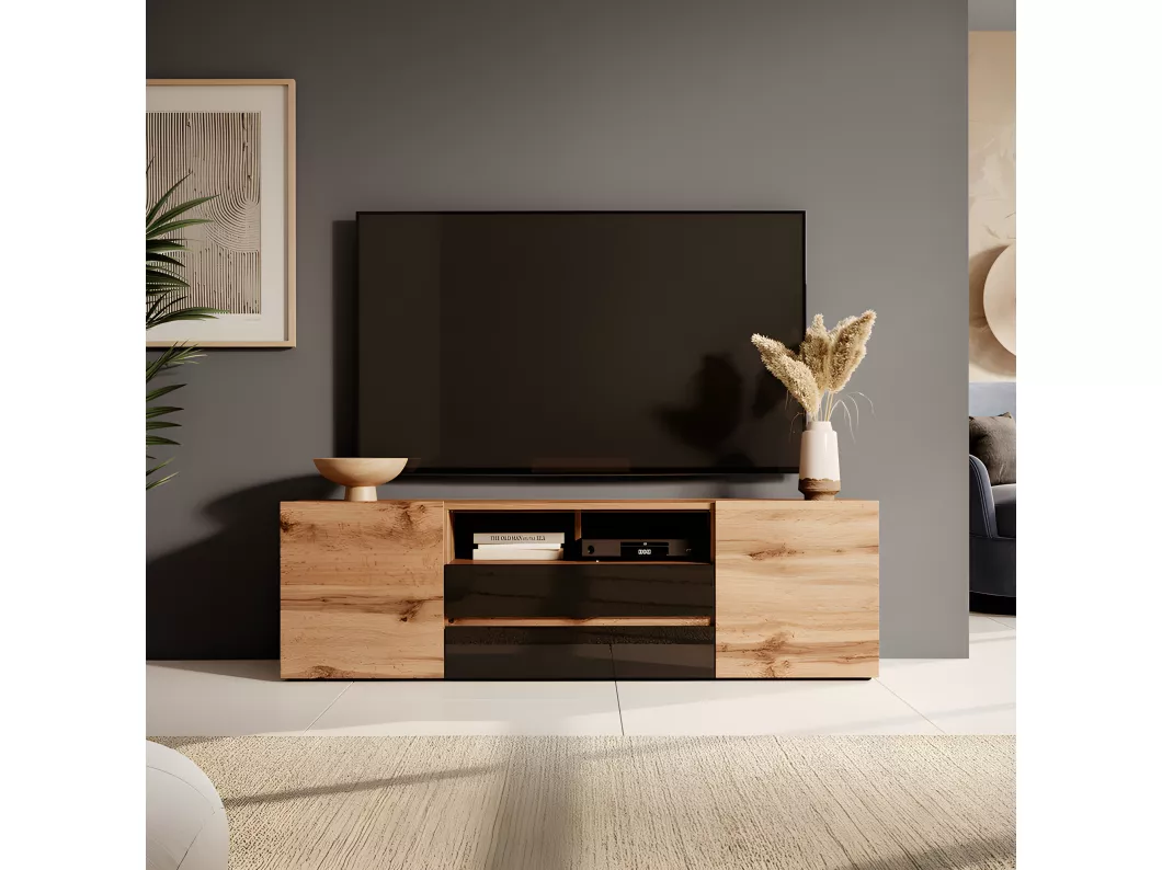 Kauf Unique TV-Lowboard matte Holzoptik Wotan Eiche/Schwarz Hochglanz mit LED-Beleuchtung, stehend, modern, 137 cm - Bros