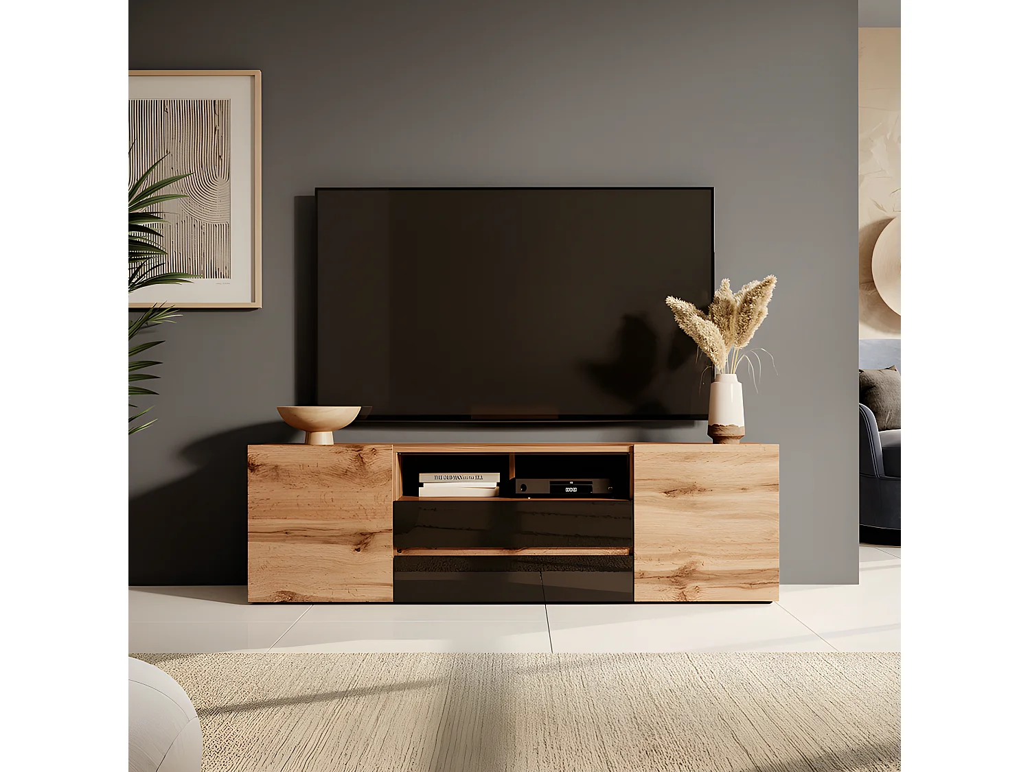 TV-meubel / TV-bank (wotan eiken / glanzend zwart, 137 cm, met LED) - BROS